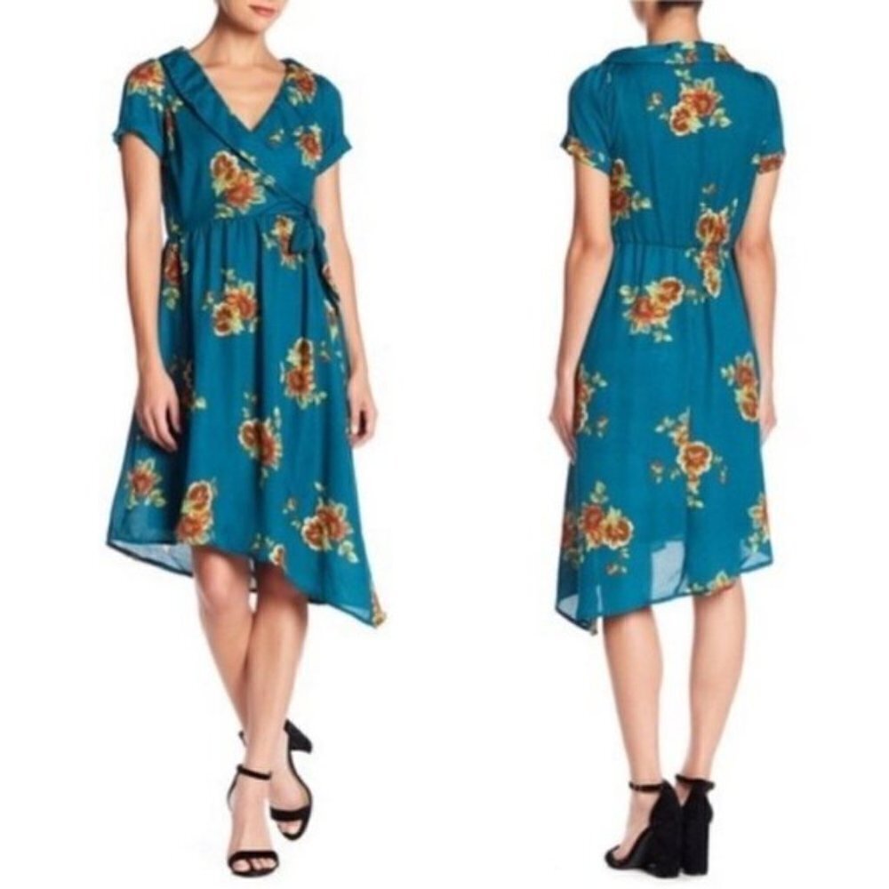 Superfoxx Asymmetrical‎ Hem Floral Print Dress Teal Medium